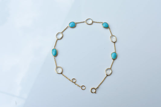 18K gold bracelet with moonstone and turquoise stations