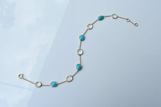 18K gold bracelet with moonstone and turquoise stations