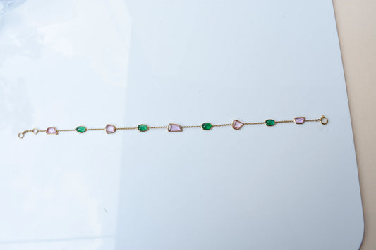 18K gold bracelet with emerald and pink sapphire stations
