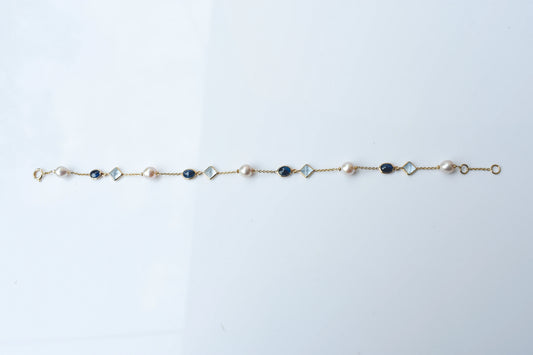 14K gold bracelet with pearls, blue sapphire and aquamarine stations