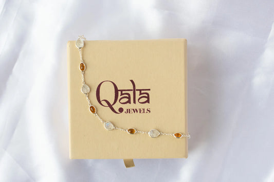 925 silver bracelet with bezel-set rainbow moonstone and citrine stones by the yard