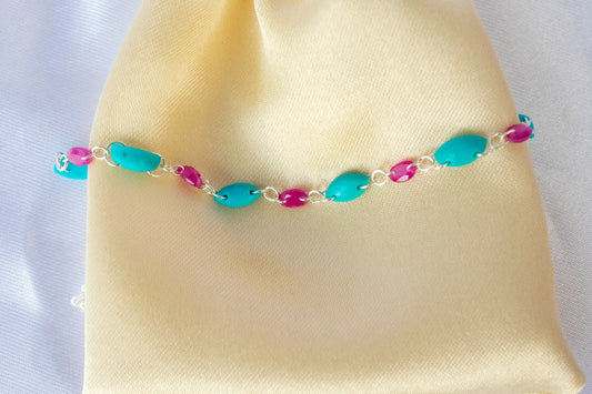 925 silver link bracelet with marquise-cut ruby and turquoise beads