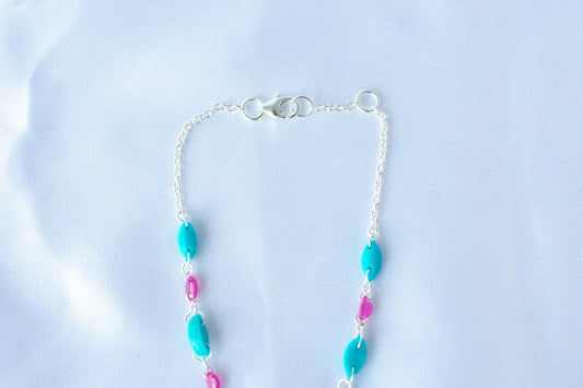 925 silver link bracelet with marquise-cut ruby and turquoise beads