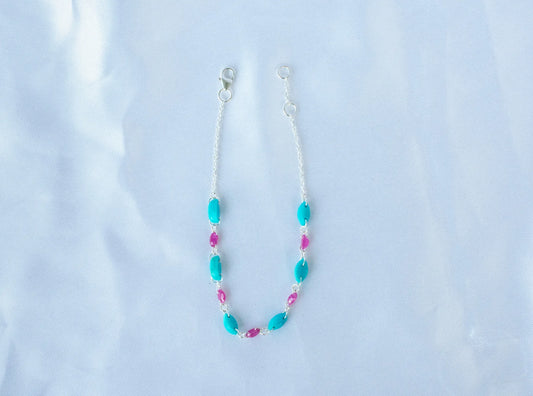 925 silver link bracelet with marquise-cut ruby and turquoise beads