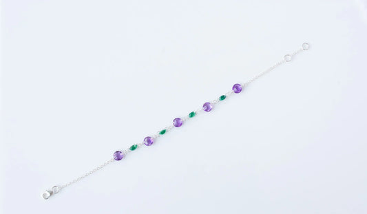 925 silver bracelet with alternating faceted amethyst and emerald beads