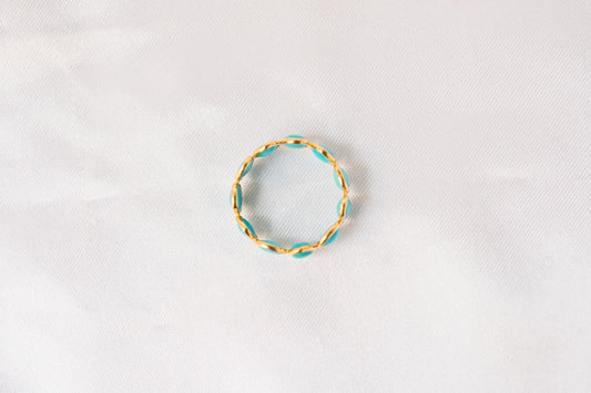 Oval cabochon turquoise gemstone eternity ring in gold with bezel setting