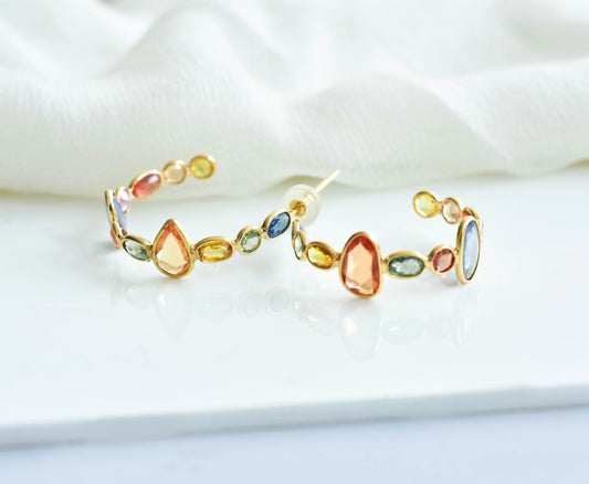 18K gold hoop earrings with graduated multi-color sapphires