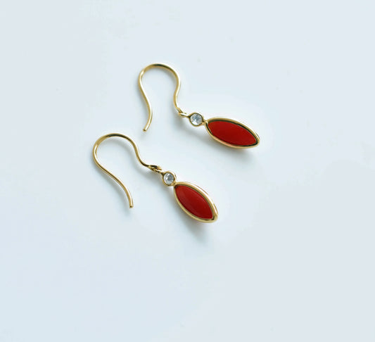 18K gold drop earrings with coral cabochon and diamond accent