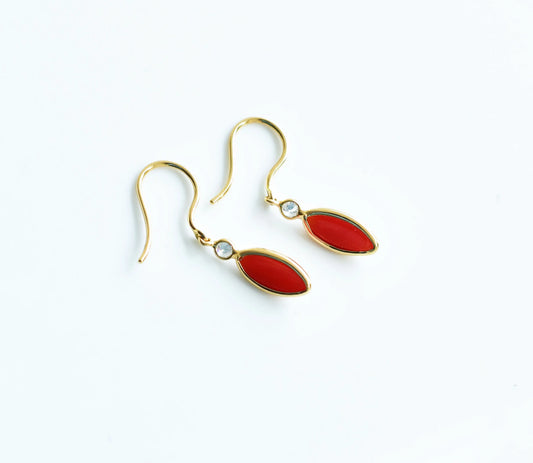 18K gold drop earrings with coral cabochon and diamond accent