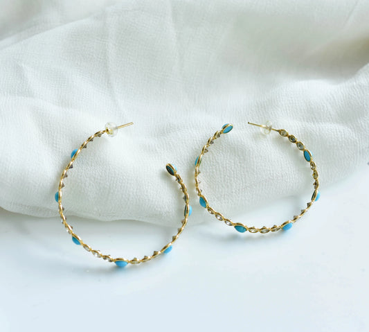 14K gold hoop earrings with turquoise cabochons and diamonds