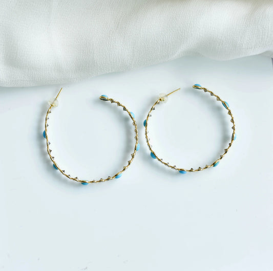 14K gold hoop earrings with turquoise cabochons and diamonds