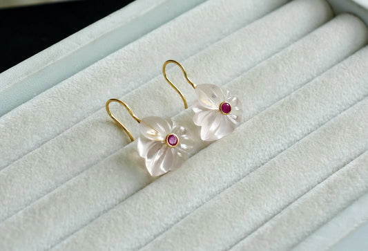 18K gold drop earrings with carved rose quartz flower and ruby center