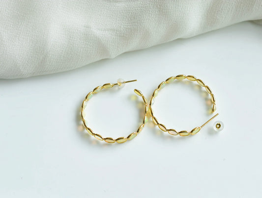 18K gold opal hoop earrings with oval cabochons