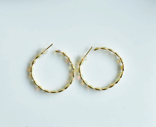 18K gold opal hoop earrings with oval cabochons