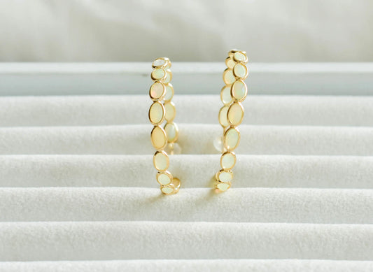 18K gold opal hoop earrings with oval cabochons