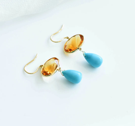 18K gold citrine and turquoise drop earrings