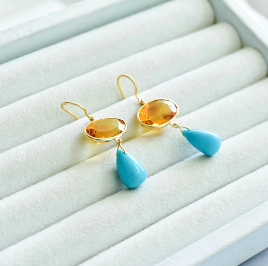 18K gold citrine and turquoise drop earrings
