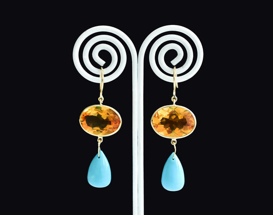 18K gold citrine and turquoise drop earrings