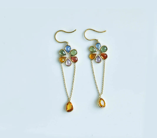 18K gold multi sapphire flower stud earrings with chain drop
