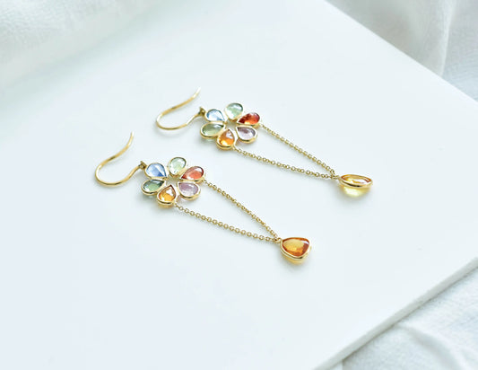 18K gold multi sapphire flower stud earrings with chain drop
