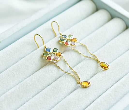 18K gold multi sapphire flower stud earrings with chain drop