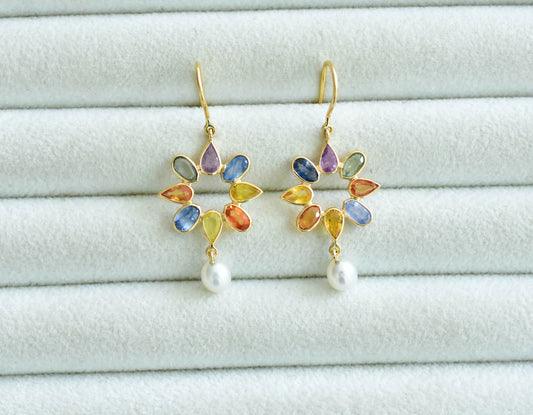 18K gold pearl drop earrings with sapphire accent