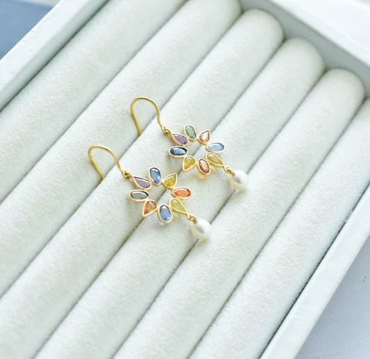 18K gold pearl drop earrings with sapphire accent