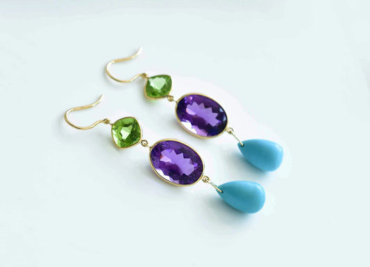 18K gold drop earrings with peridot, amethyst and turquoise