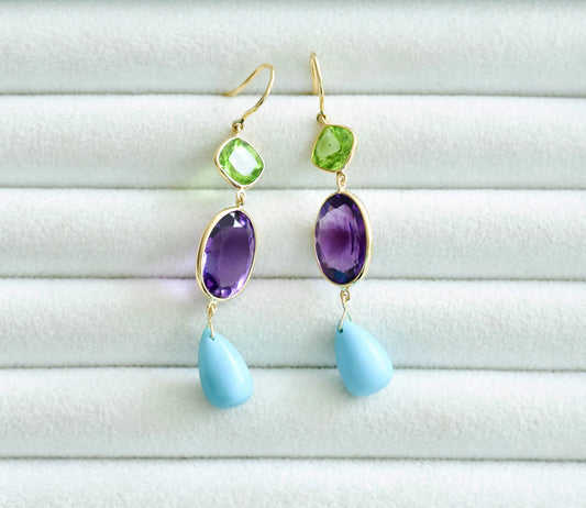 18K gold drop earrings with peridot, amethyst and turquoise
