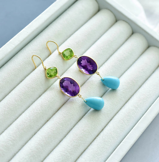 18K gold drop earrings with peridot, amethyst and turquoise