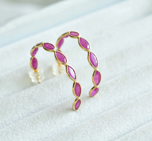 18K gold hoop earrings with marquise-cut rubies