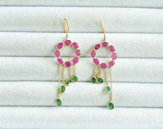 18K gold ruby wreath earrings with emerald fringe tassels