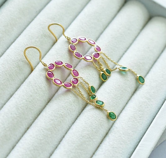 18K gold ruby wreath earrings with emerald fringe tassels