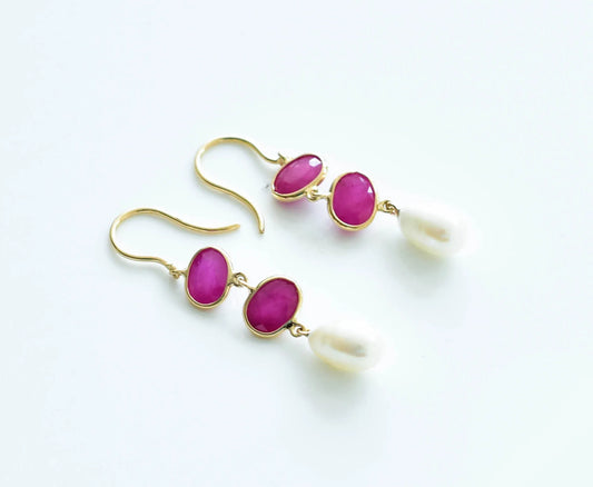18K gold ruby and pearl drop earrings