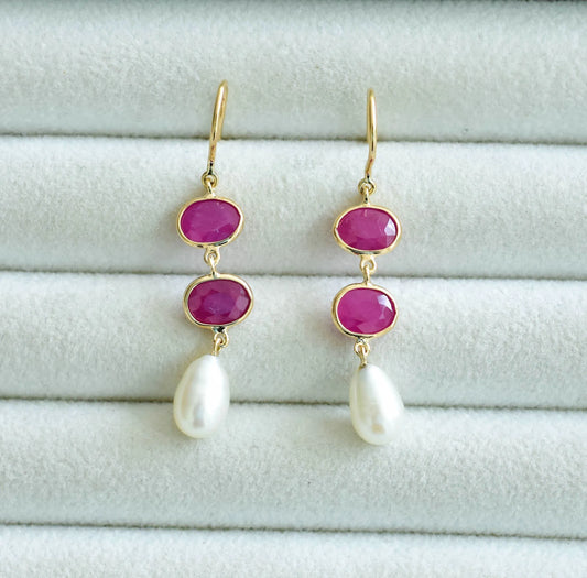 18K gold ruby and pearl drop earrings