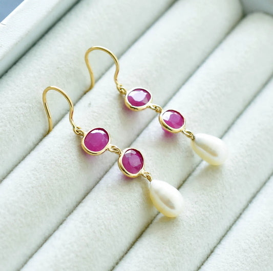 18K gold ruby and pearl drop earrings