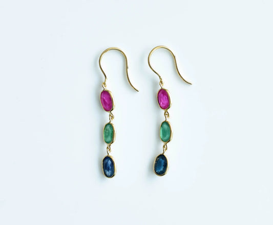 18K gold cluster earrings with blue sapphire, emerald and ruby