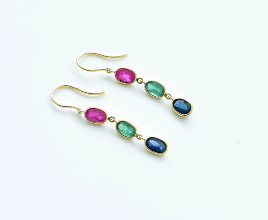 18K gold cluster earrings with blue sapphire, emerald and ruby