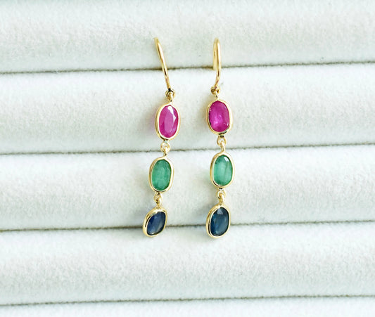 18K gold cluster earrings with blue sapphire, emerald and ruby