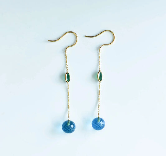 18K gold chain drop earrings with emerald and blue topaz