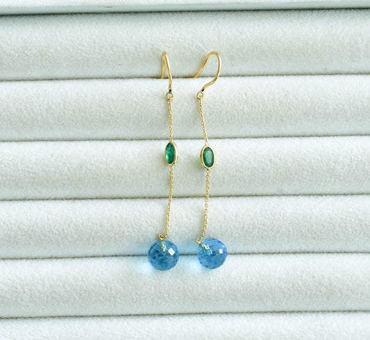 18K gold chain drop earrings with emerald and blue topaz