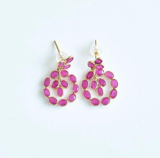 18K gold ruby wreath drop earrings with ruby cluster center
