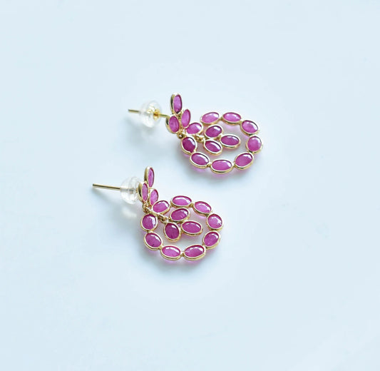 18K gold ruby wreath drop earrings with ruby cluster center