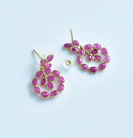 18K gold ruby wreath drop earrings with ruby cluster center