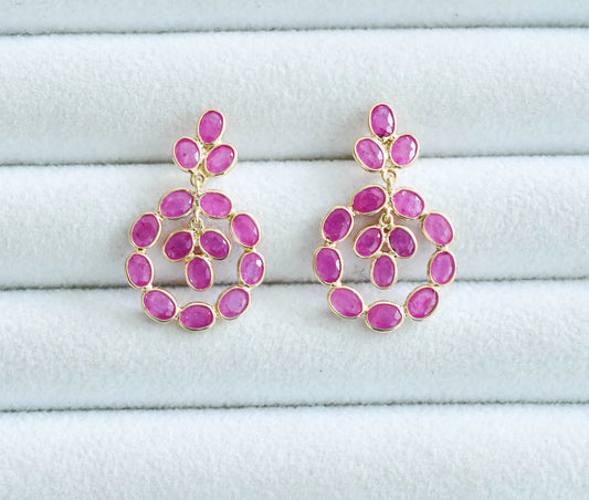 18K gold ruby wreath drop earrings with ruby cluster center