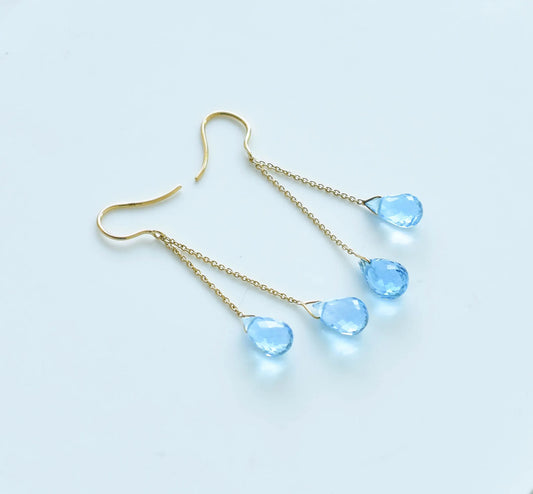 18K gold blue topaz briolette threader earrings