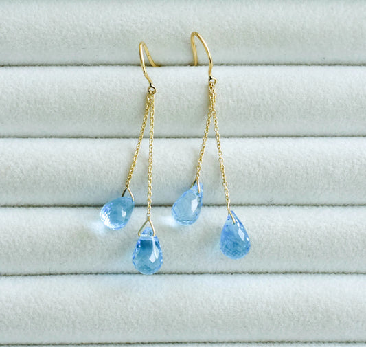 18K gold blue topaz briolette threader earrings
