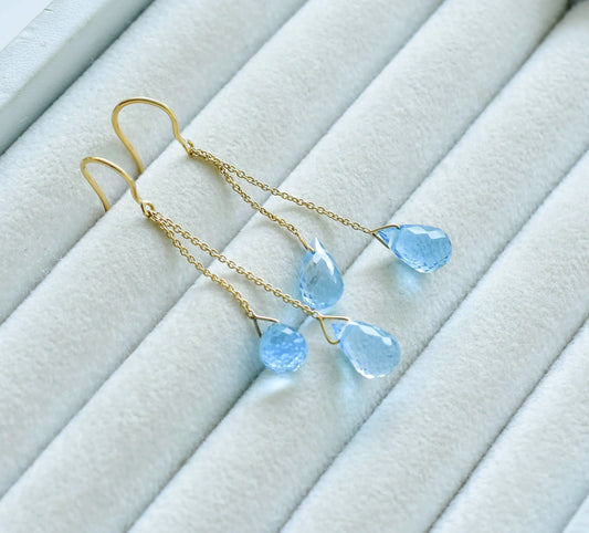 18K gold blue topaz briolette threader earrings