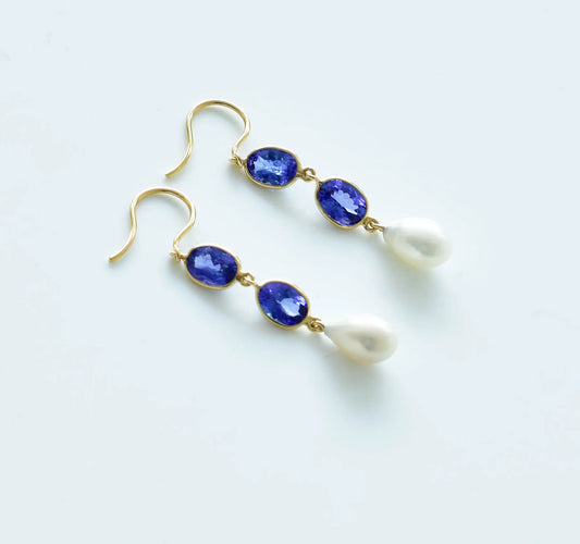 18K gold drop earrings with tanzanite and teardrop pearl