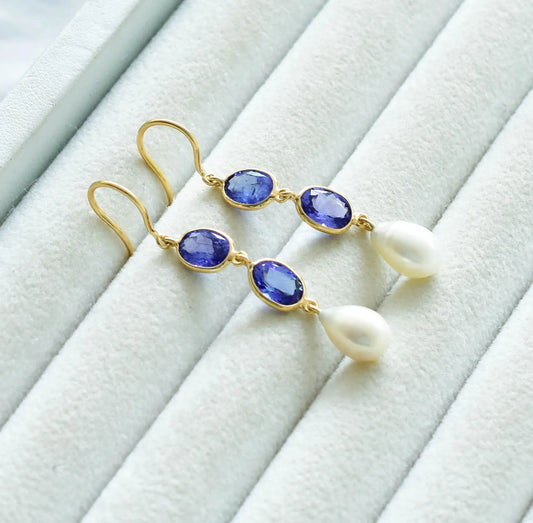 18K gold drop earrings with tanzanite and teardrop pearl